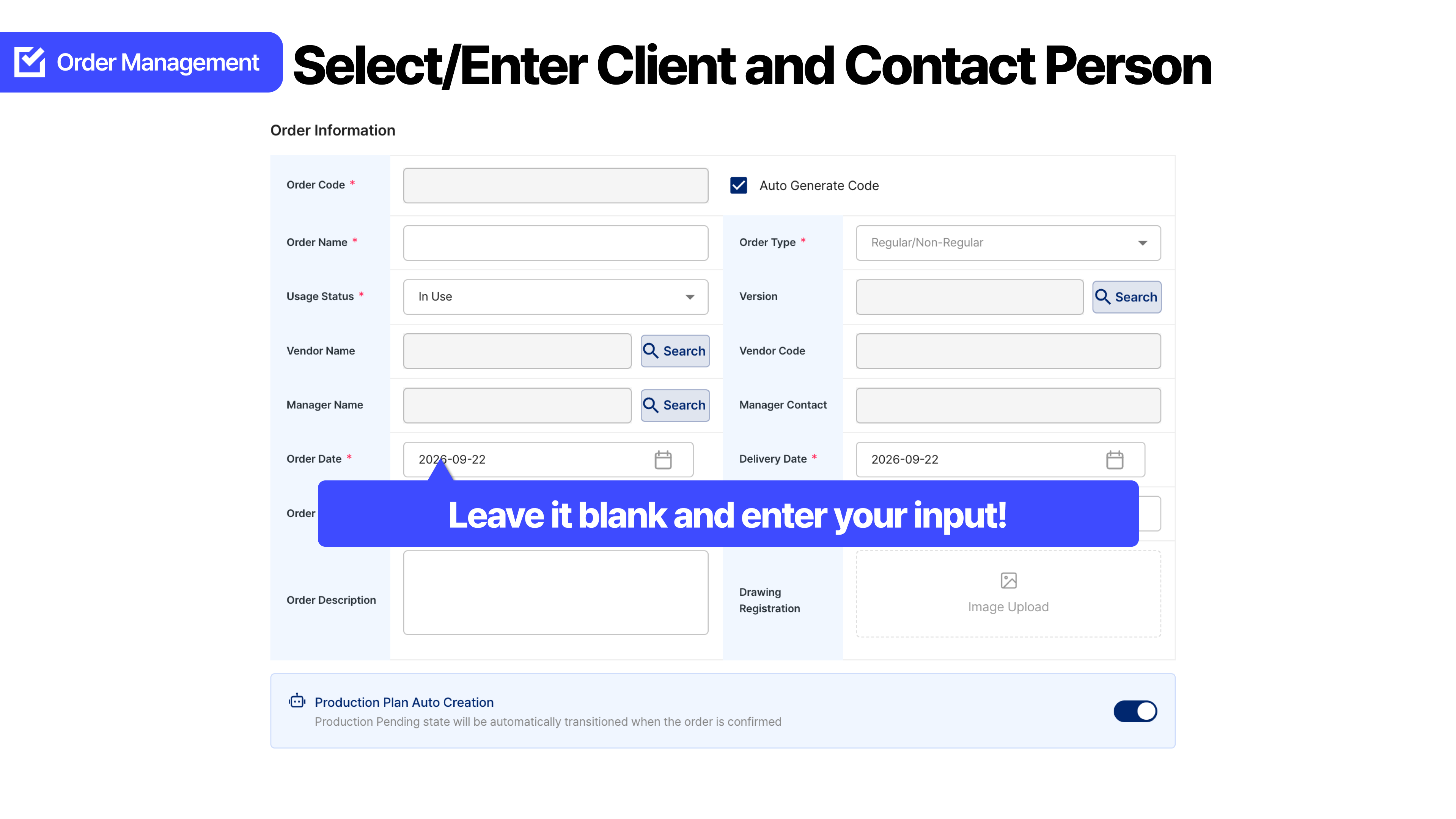 New sales order registration customer and person-in-charge input screen