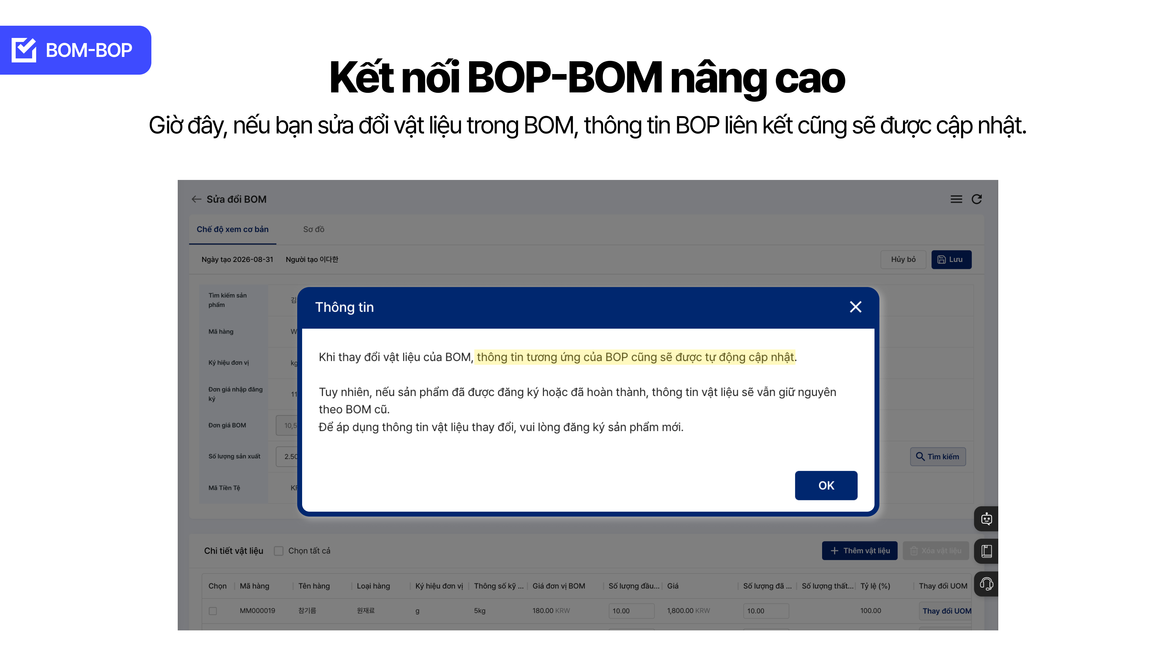 Cửa sổ thông báo cập nhật BOP được liên kết