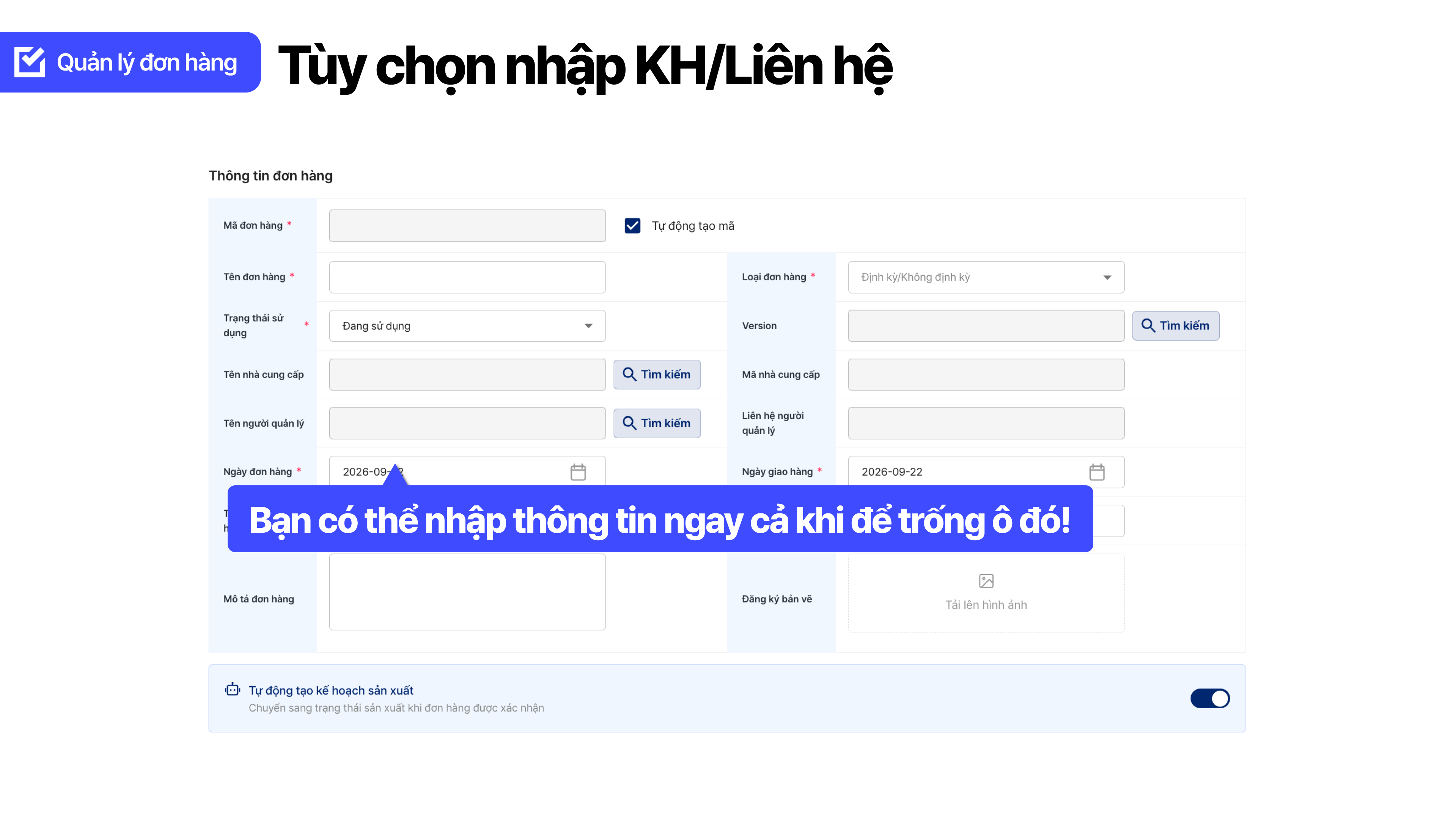 Màn hình nhập khách hàng và người phụ trách khi đăng ký mới đơn bán hàng